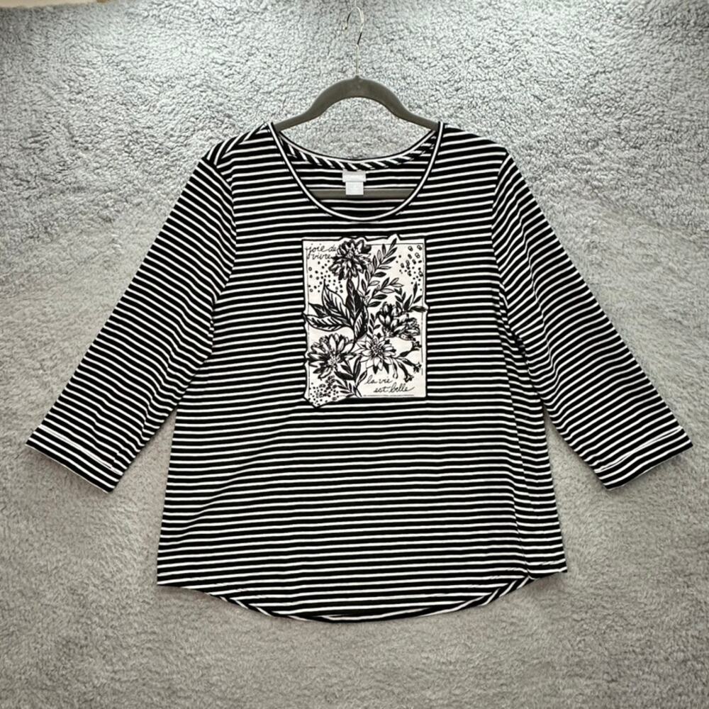 Chico's Size 2 Top Black White Striped Embroidered Floral Design Joie De Vivre - Picture 3 of 10